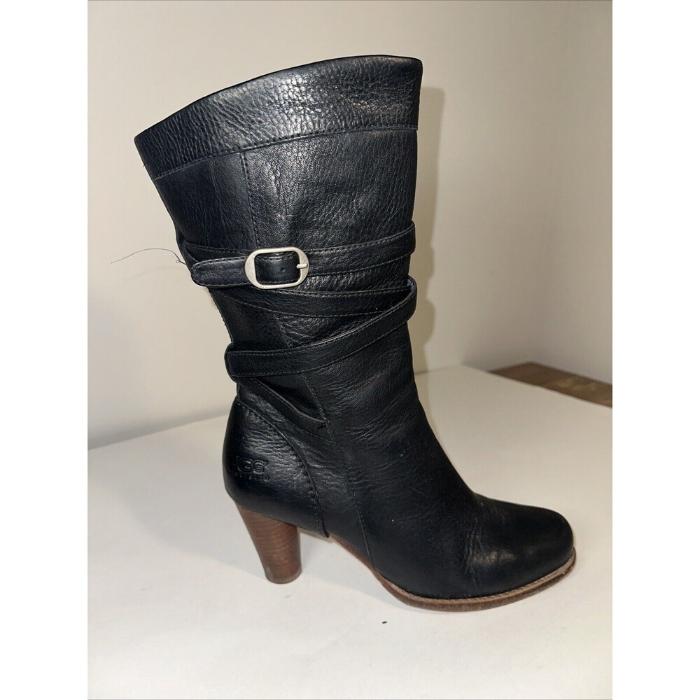 UGG Caroline High Heel Black Leather Side Zip Winter Boots Womens Sz 9
